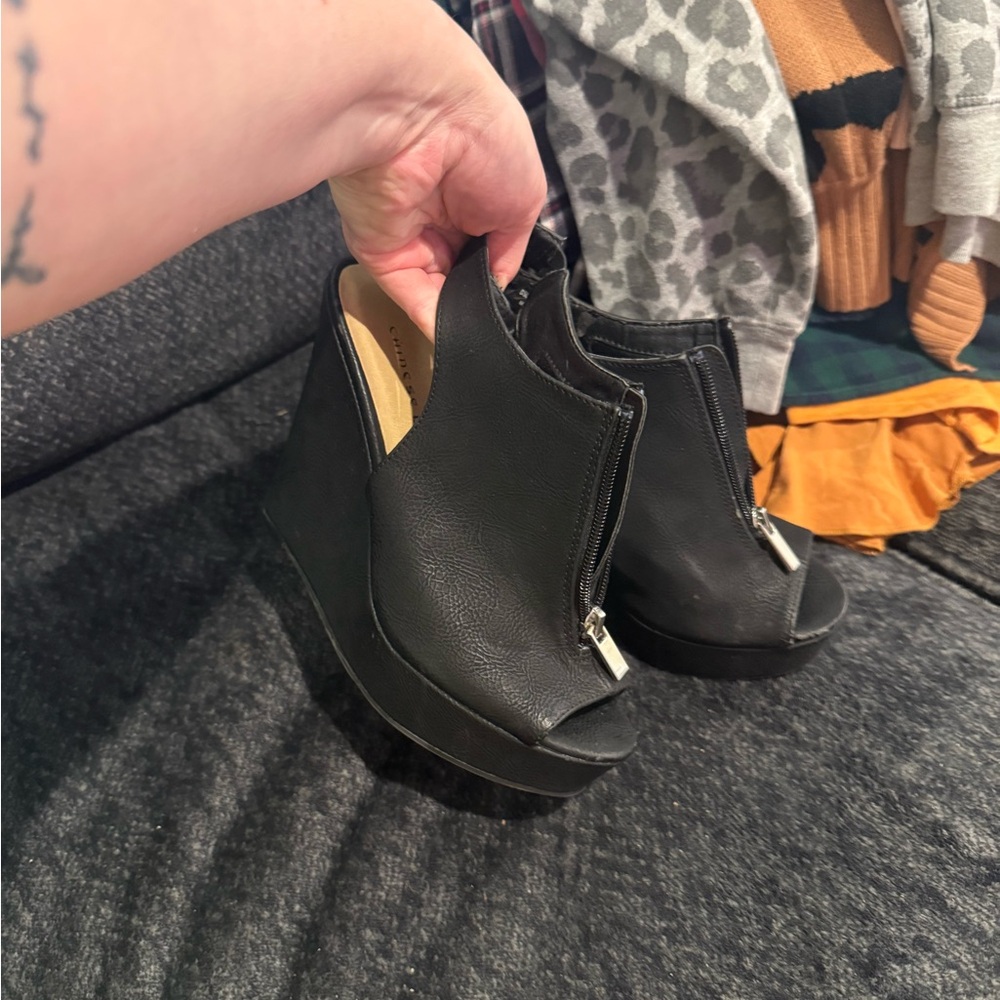 Black Peep-Toe Wedge Booties